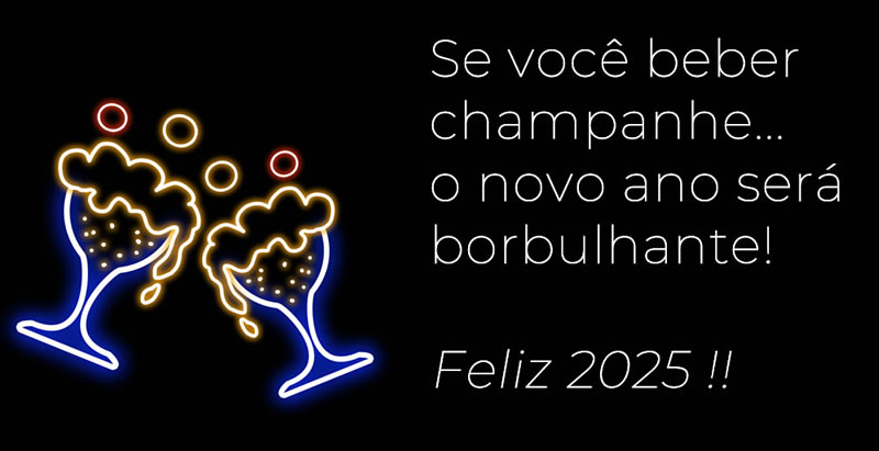 Imagem com frase: Se você beber vinho espumante… o ano novo será espumante! Feliz 2024